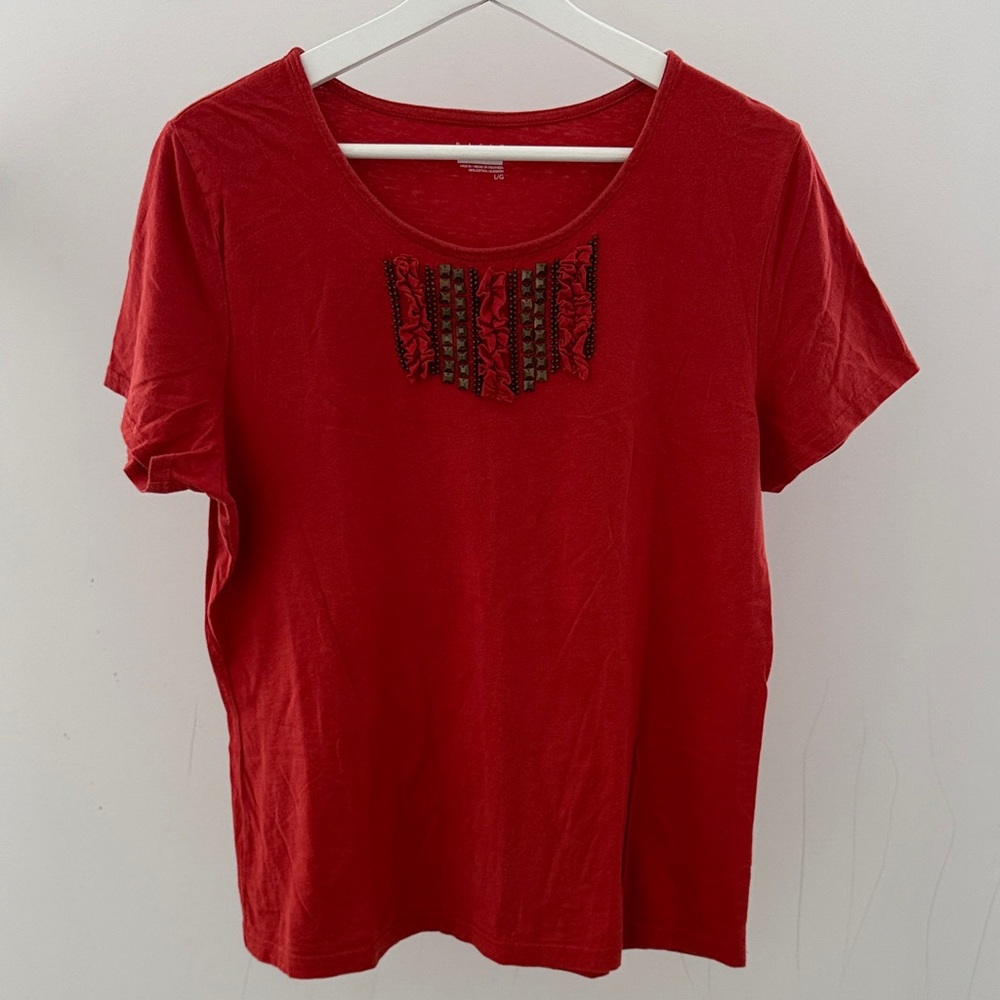Basic Editions Red Short Sleeve Top with Embellishments